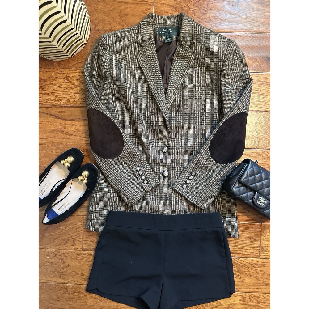 Lauren Ralph Lauren Womens 6P Brown Wool Plaid Blazer Suede Elbow Patches